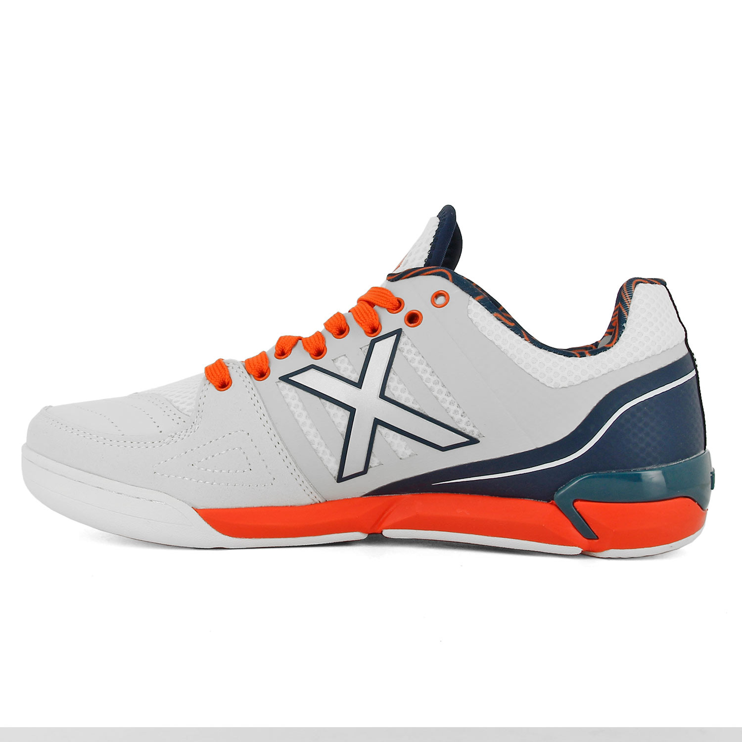 Zapatillas futsal Munich Prisma blancas y naranjas futbolmania