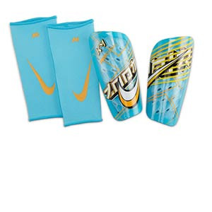 Nike Mercurial Lite Mbappé - Espinilleras de fútbol Nike de Kylian Mbappé con mallas de sujeción - azul celeste, amarillas