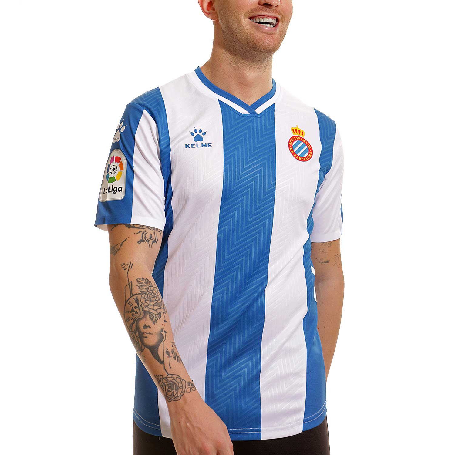 Cortés Contador esfuerzo Camiseta Kelme Espanyol 2021 2022 azul y blanca | futbolmania