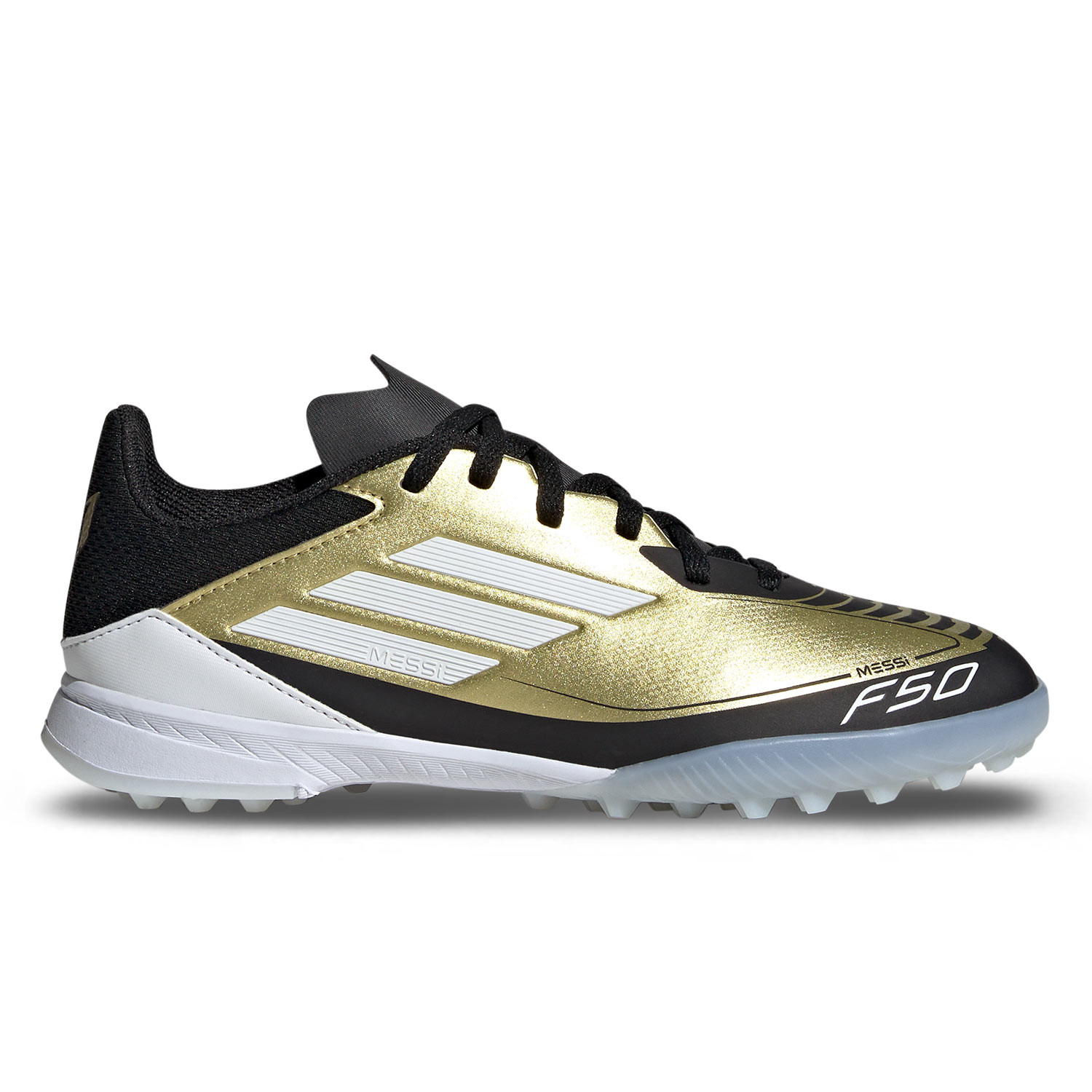 Botas de futbol multitaco adidas F50 League Messi TF J doradas