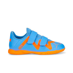 Puma Future Play IT V Jr - Zapatillas de fútbol sala infantiles con velcro Puma suela lisa IT - azules, naranjas