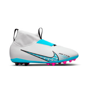Nike Mercurial Jr Zoom Superfly 9 Academy AG - Botas de fútbol infantiles con tobillera Nike AG para césped artificial - blancas, azul celeste