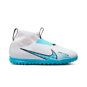 Nike Mercurial Jr Zoom Superfly 9 Academy TF - Zapatillas de fútbol multitaco infantiles con tobillera Nike TF suela turf - blancas, azul celeste