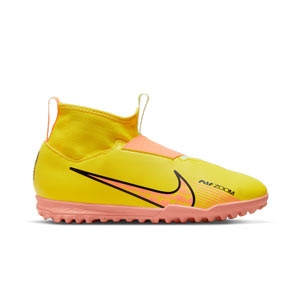 Nike Mercurial Jr Zoom Superfly 9 Academy TF - Zapatillas de fútbol multitaco infantiles con tobillera Nike suela turf - amarillas, naranjas