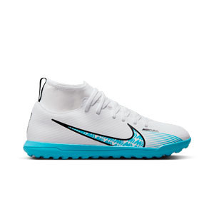 Nike Mercurial Jr Superfly 9 Club TF - Zapatillas de fútbol multitaco infantiles con tobillera Nike TF suela turf - blancas, azul celeste