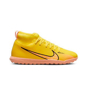 Nike Mercurial Jr Superfly 9 Club TF - Zapatillas de fútbol infantiles multitaco con tobillera Nike TF suela turf - amarillas, naranjas
