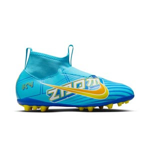 Nike Mercurial Jr Zoom Superfly 9 Academy KM AG - Botas de fútbol infantiles con tobillera de Kylian Mbappé Nike AG para césped artificial - azul celeste, amarillas