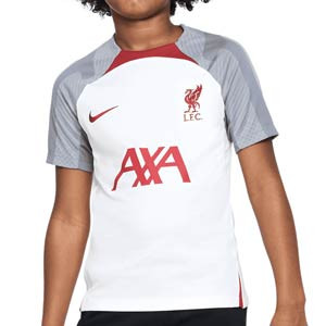 Camiseta Nike Liverpool niño entrenamiento Dri-Fit Strike - Camiseta de manga corta de entrenamiento infantil Nike del Liverpool FC - blanca, gris