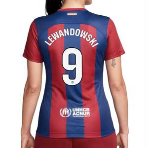 Camiseta Nike Barcelona mujer Lewandowski 2023 2024 Stadium - Camiseta de la primera equipación de mujer de Robert Lewandowski Nike del FC Barcelona 2023 2024 - azulgrana
