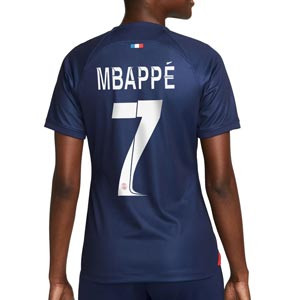 Camiseta Nike PSG mujer 2023 2024 Mbappe Dri-Fit Stadium - Camiseta primera equipación de mujer Nike de Kylian Mbappe del París Saint-Germain 2023 2024 - azul marino