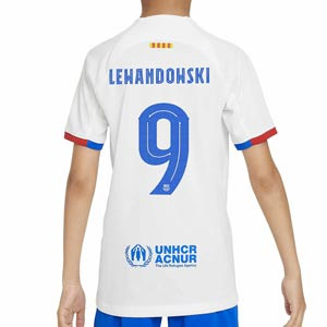 Camiseta Nike 2a Barcelona niño Lewandowski 23 24 DF UCL - Camiseta infantil segunda equipación de Lewandowski Nike del FC Barcelona para la Champions League 2023 2024 - blanca