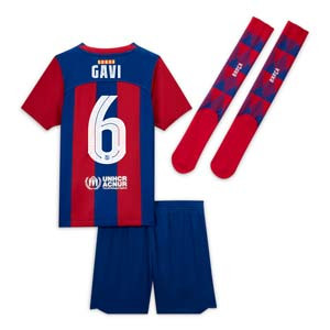 Equipación Nike Barcelona Gavi niño 3-8 años 23 24 DF UCL - Conjunto infantil de la primera equipación de Gavi Nike del FC Barcelona para la Champions League 2023 2024 - azulgrana
