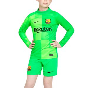Camiseta y short Nike Barcelona niño 6-14 años portero 21 22 - Conjunto de camiseta y pantalón de portero infantil de 6 a 14 años Nike del FC Barcelona 2021 2022 - verde