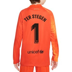 Camiseta short Nike Barcelona niño 6-14 años Ter Stegen 2022 - Conjunto de camiseta y pantalón de Marc-André ter Stegen infantil de 6 a 14 años Nike del FC Barcelona 2021 2022 - naranja