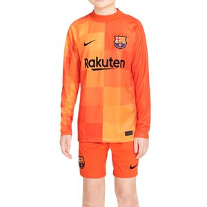 Camiseta y short Nike Barcelona niño 6-14 años portero 21 22 - Conjunto de camiseta y pantalón de portero infantil de 6 a 14 años Nike del FC Barcelona 2021 2022 - naranja