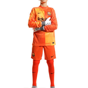 Equipación Nike Barcelona niño 6-14 años portero 21 22 - Conjunto de camiseta,  pantalón y medias de portero infantil de 6 a 14 años Nike del FC Barcelona 2021 2022 - naranja
