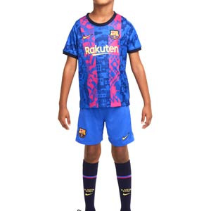 Equipación Nike 3a Barcelona niño 6-14 años 21 2022 Stadium - Conjunto de camiseta, pantalón y medias de la tercera equipación infantil de 6 a 14 años Nike del FC Barcelona 2021 2022 - azulgrana