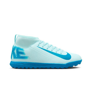 Nike Mercurial Jr Zoom Superfly 10 Club TF - Zapatillas de fútbol multitaco infantiles con tobillera Nike TF suela turf - azul claro