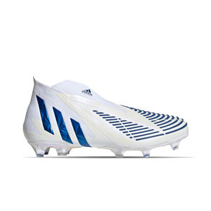 adidas Predator EDGE+ FG - Botas de fútbol con tobillera sin cordones adidas FG para césped natural o artificial de última generación - blancas, azules
