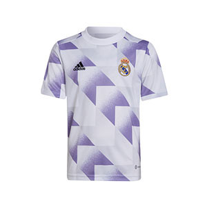 Camiseta adidas Real Madrid niño pre-match - Camiseta infantil de calentamiento pre-match adidas del Real Madrid - blanca, púrupura