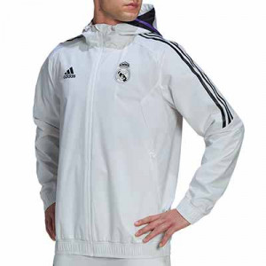 Chaqueta adidas Real Madrid All Weather - Chaqueta cortavientos con capucha para jugadores adidas del Real Madrid CF - blanca