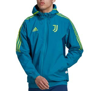 Cortavientos adidas Juventus All Weather - Chaqueta cortavientos con capucha para jugadores adidas de la Juventus - verde azulada
