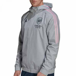 Chaqueta adidas Arsenal All Weather - Chaqueta cortavientos con capucha para jugadores adidas del Arsenal FC - gris