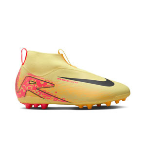 Nike Mercurial Jr Zoom Superfly 10 Academy KM AG - Botas de fútbol infantiles con tobillera Nike AG para césped artificial de Kylian Mbappé - naranjas, amarillas