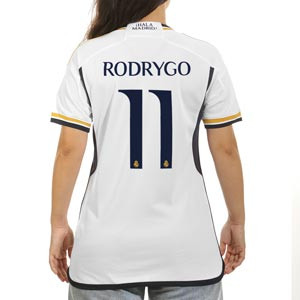 Camiseta adidas Real Madrid mujer Rodrygo 2023 2024 - Camiseta de mujer de la primera equipación adidas de Rodrygo Goes del Real Madrid CF 2023 2024 - blanca