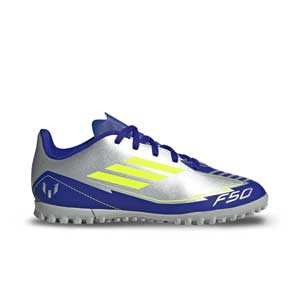 adidas F50 Club TF J Messi - Zapatillas de fútbol multitaco infantiles adidas TF suela turf de Messi - plateadas