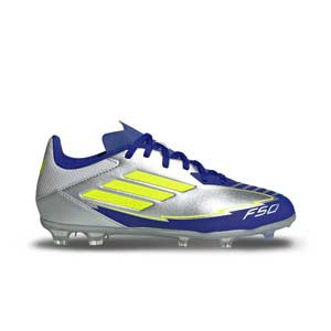 adidas F50 League FG/MG J Messi - Botas de fútbol infantiles adidas FG/MG para césped artificial de Messi - plateadas