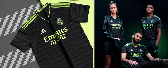 Jugadores del Real Madrid con la camiseta de la 3a equipación 2022 2023 color negro con detalles verdes fluor.