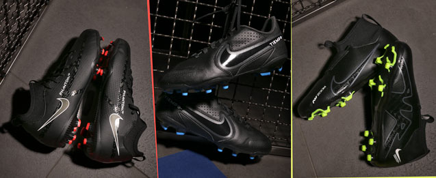 botas de fútbol colección Shadow Pack, Phantom, Tiempo y Mercurial para niño color negro.