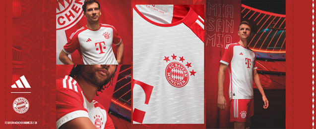 Jugadores del Bayern de Múnich con la camiseta Home temporada 2022 2024 color blanca con partes en color rojo