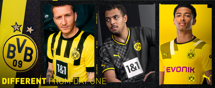 Camiseta primera, segunda y tercera equipación infantil 2022 2023 Borussia Dortmund.