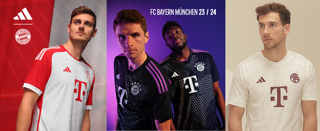 Camisetas adidas del equipo Bayern de Munich primera, segunda y tercera equipación 2023 2024.